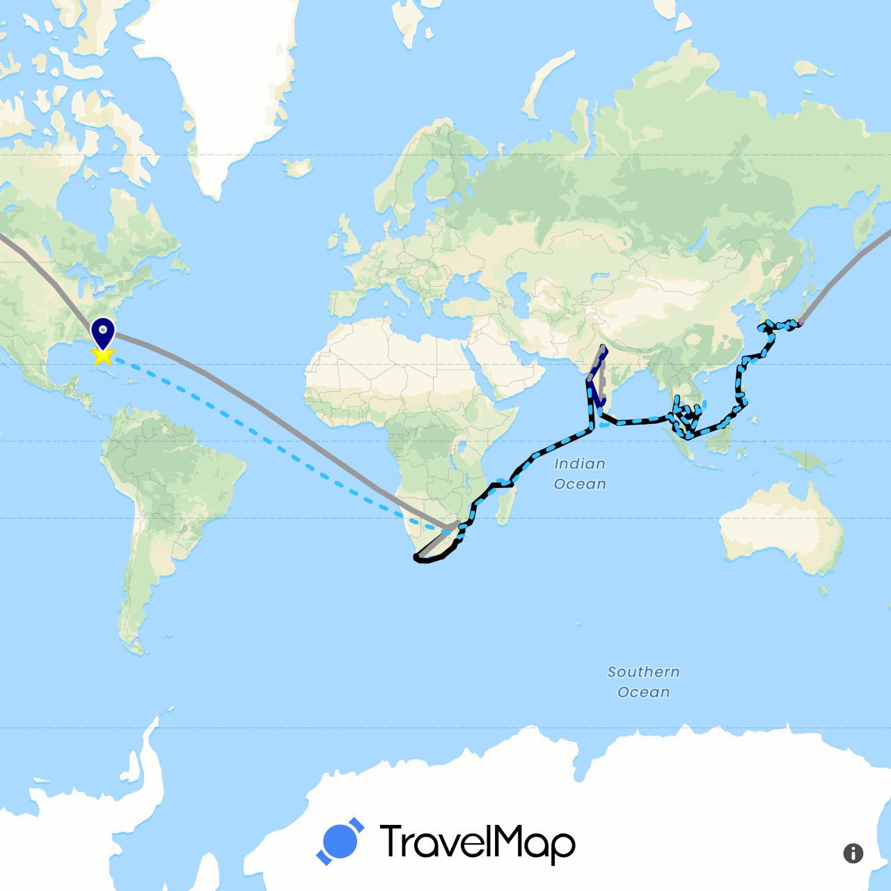 TravelMap itinerary: driving, plane, train, boat, cruise in Brunei, India, Japan, Cambodia, Comoros, South Korea, Madagascar, Maldives, Malaysia, Mozambique, Philippines, Seychelles, Singapore, Thailand, Taiwan, United States, Vietnam, South Africa (Africa, Asia, North America)
