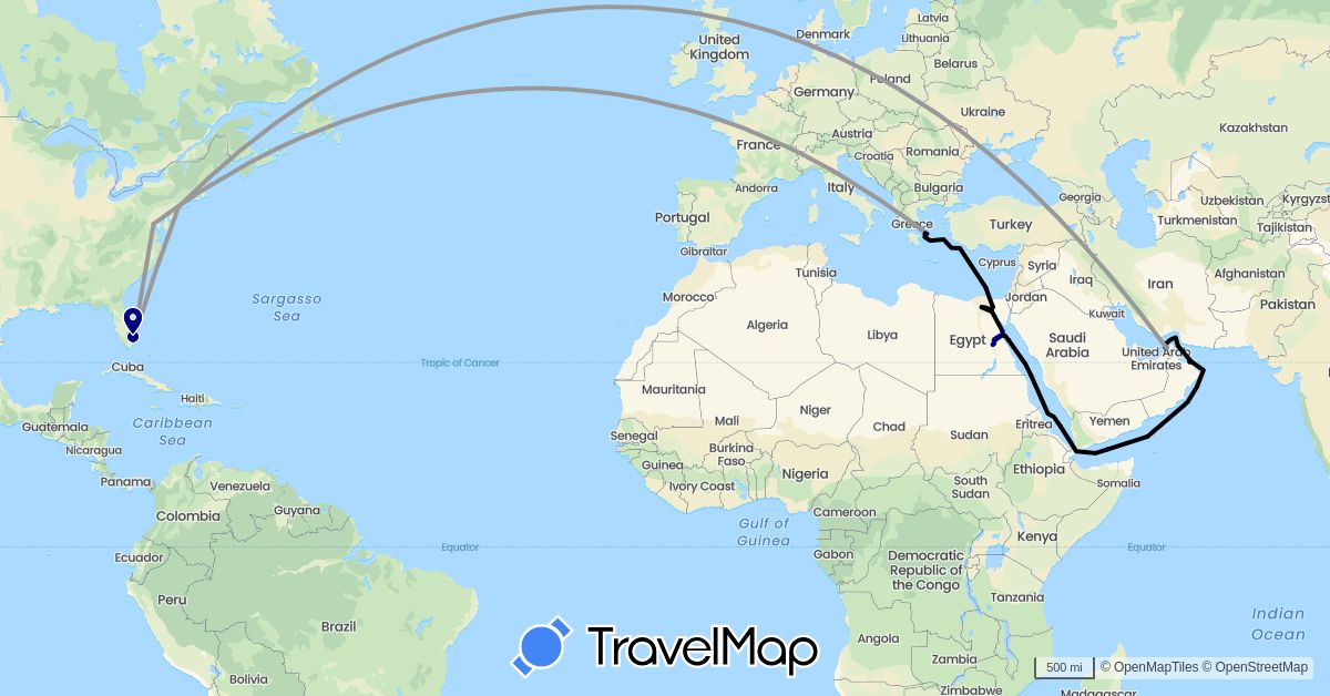 TravelMap itinerary: driving, plane, cruise in United Arab Emirates, Egypt, Greece, Oman, United States, Yemen (Africa, Asia, Europe, North America)
