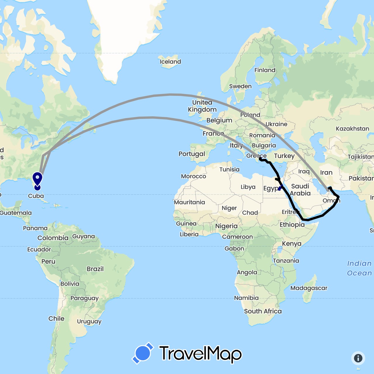 TravelMap itinerary: driving, plane, cruise in United Arab Emirates, Egypt, Greece, Oman, United States, Yemen (Africa, Asia, Europe, North America)