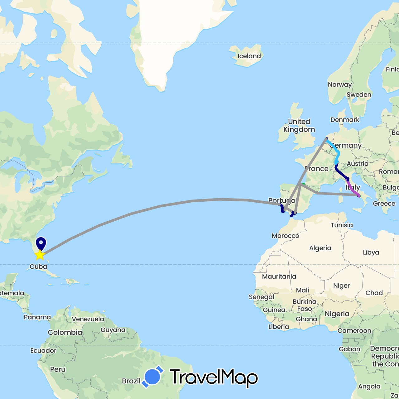 TravelMap itinerary: driving, bus, plane, train, boat, walking in Switzerland, Germany, Spain, France, Italy, Morocco, Netherlands, Portugal, United States (Africa, Europe, North America)