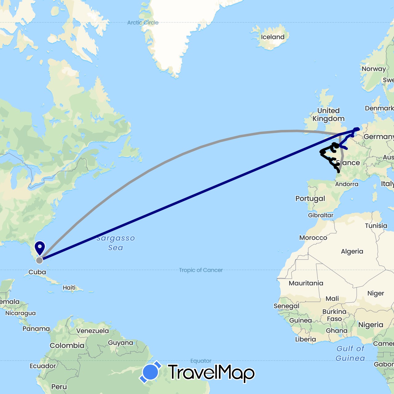TravelMap itinerary: driving, plane, train, cruise in France, United Kingdom, Guernsey, United States (Europe, North America)