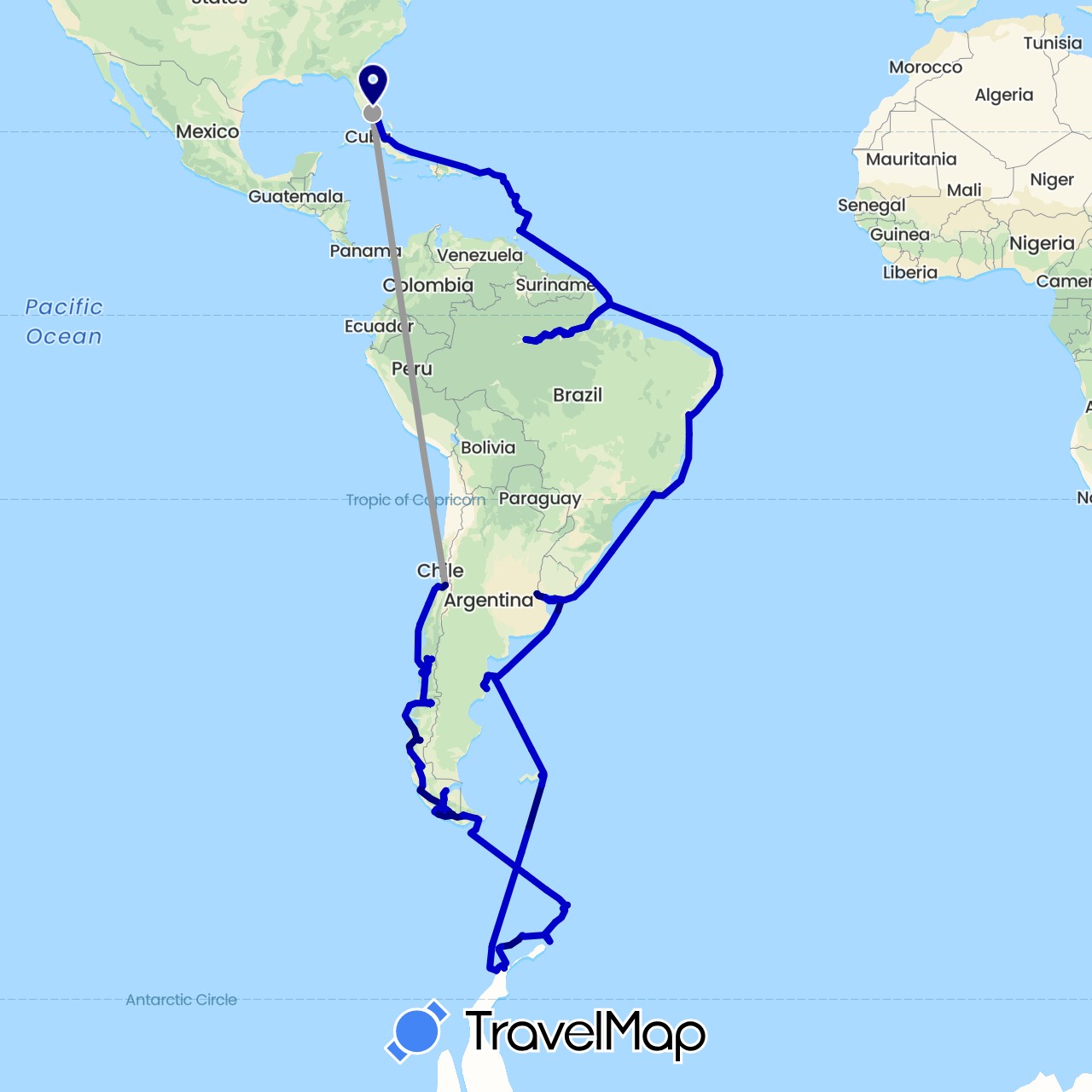 TravelMap itinerary: driving, plane, cruise in Antarctica, Argentina, Barbados, Brazil, Chile, Dominica, Falkland Islands, Saint Kitts and Nevis, Saint Lucia, Saint Martin, Puerto Rico, Trinidad and Tobago, United States, Uruguay, British Virgin Islands (Antarctica, North America, South America)