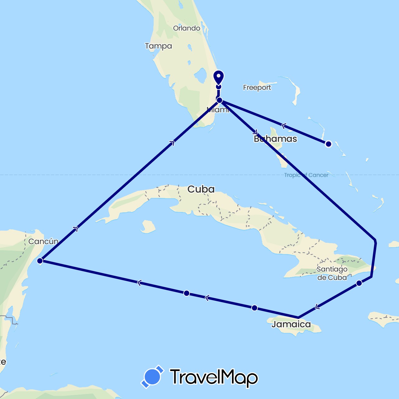 TravelMap itinerary: driving in Cayman Islands, Mexico, United States (North America)